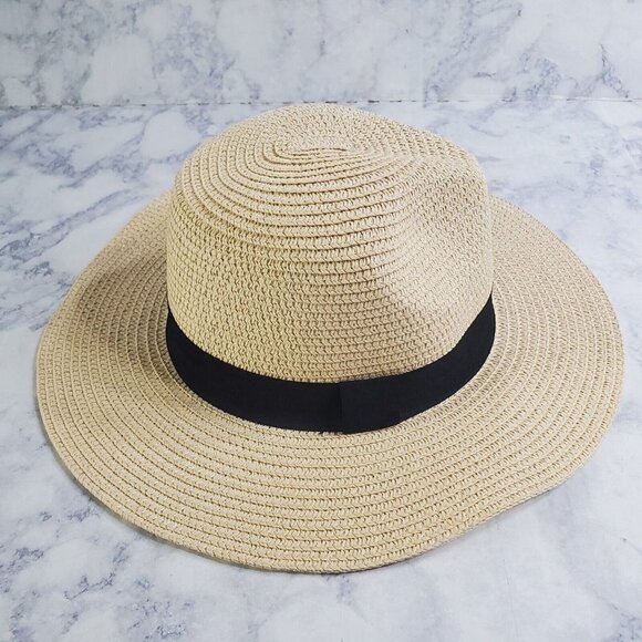 Beach Straw Floppy Hat Sunhat Vacation Boho 100% Paper Tan‎ Coastal Black Band - Picture 1 of 9